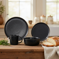 Service de table en grès noir sous glaçure Guangda de luxe, 4 pièces - Passe au micro-ondes et au lave-vaisselle, pour un usage domestique