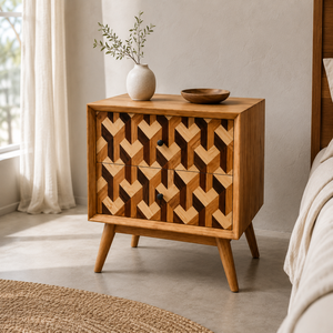Table de chevet en bois massif Mozaik à deux tiroirs - Meuble de chambre pratique et décoratif pour appartement - Product Image 3