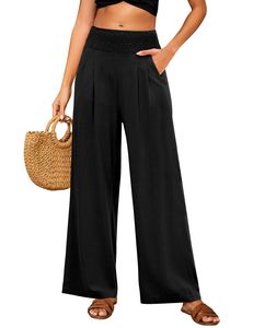 Pantalon large en crêpe noir pour femme, taille haute, élastique, plissé, ample, longueur intégrale, décontracté pour l'été - Product Image 1