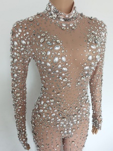 Gemerlap Lengan Panjang Berlian Imitasi Mutiara Payet Tari Telanjang Triko Wanita Bodycon Mesh Bodysuit Wanita <span class=keywords><strong>Prom</strong></span> Klub Jumpsuit Satu Potong - Product Image 6