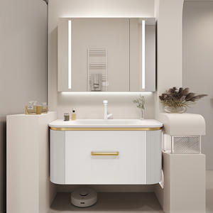 Meubles-lavabos de salle de bain luxueux avec miroir intelligent et grand tiroir, meuble-lavabo suspendu avec bande métallique dorée - Product Image 1
