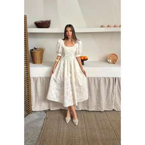 Wholesale ODM Elegant Casual Beige <b>Dress</b> with Balloon Sleeve Embroidery Peter Pan Collar Floor-Length <b>Sexy</b> Summer XS Size - Product Image 4