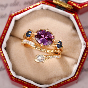 Anello vintage a forma di serpente per donna, design con pietra viola intarsiata, gioielli alla moda in stile boho - Product Image 3