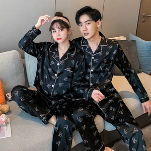 Venta al por mayor Piyamas Unisex Pijamas de manga larga Pijamas de seda de imitación Hombre Homewear Mujeres Pareja <span class=keywords><strong>Pijama</strong></span> Conjunto de dos piezas - Product Image 3
