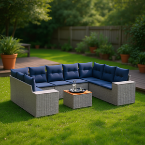 Conjunto de Sofás de Jardín de Mimbre Sintético para Exteriores con Cojines Grises, Muebles Contemporáneos para 10 Personas - Product Image 2