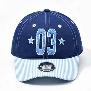 Navy Blue Striped Letter Brim 6-Panel Canvas Baseball Cap with Chenille Embroidery Casual Sporty Adjustable for Unisex - Product Image 4