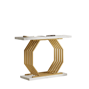 Table console d'entrée moderne convertible HOGA-F1790 pour salon, avec structure en métal doré et plateau en faux marbre, pour la maison - Product Image 1