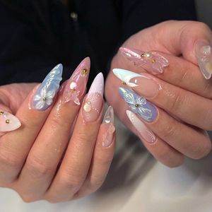 24 <span class=keywords><strong>Uñas</strong></span> Postizas de Verano, Cobertura Completa, Forma Almendrada Mediana, Color <span class=keywords><strong>Azul</strong></span> <span class=keywords><strong>Pastel</strong></span> <span class=keywords><strong>y</strong></span> <span class=keywords><strong>Rosa</strong></span>, con Diseño 3D de Colas de Sirena <span class=keywords><strong>y</strong></span> Flores, Estilo Fresco Costero, Reutilizables - Product Image 1