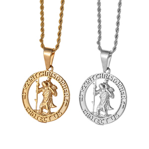 Collar con Moneda de San Cristóbal para Hombre, Estilo Vintage, Acero Inoxidable, Chapado en Oro, Cruz de Jesús, San Cristóbal, Protegenos, Joyería Religiosa - Product Image 1