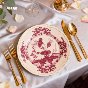 Offre Spéciale – Vaisselle de Luxe en Porcelaine Fine à Motifs Floraux, Assiettes de Dîner Colorées Rouge Brique pour Mariage - Product Image 1