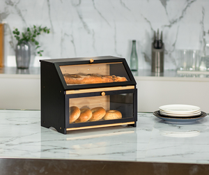 Boîte <span class=keywords><strong>à</strong></span> <span class=keywords><strong>pain</strong></span> carrée en bambou <span class=keywords><strong>à</strong></span> double couche <span class=keywords><strong>pour</strong></span> comptoir de <span class=keywords><strong>cuisine</strong></span>, grande capacité, bac de rangement alimentaire (noir, plus de 35L) - Product Image 2