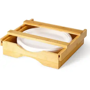 Wholesale Cabinet Mounted Bamboo Wood Utensil Caddy Disposable Plastic Paper Plate Holder Storage Organizer