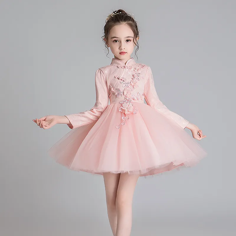 Girls Wedding Flower Girl Dresses Pageant Baby Party Long Sleeve Tulle Dress Kids Clothes DK28012