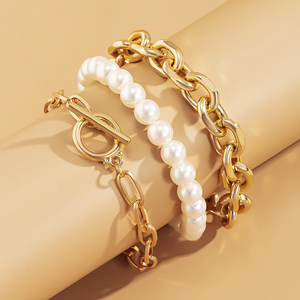 <b>Gold</b> Plated French Baroque Beaded Bracelet <b>Set</b> for Ladies Paperclip Chain with Pearl Beads Thick Chain Jewelry - Product Image 3