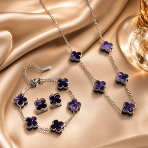 Conjunto <span class=keywords><strong>de</strong></span> Collar, Pulsera y Pendientes <span class=keywords><strong>de</strong></span> Acero Inoxidable y Titanio con Trébol <span class=keywords><strong>de</strong></span> Cuatro <span class=keywords><strong>Hojas</strong></span> <span class=keywords><strong>de</strong></span> Doble Cara, Resistente a la Decoloración, para Mujer, Elegante - Product Image 6