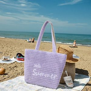 Sacs de plage brodés avec la phrase « HELLO SUMMER », sacs de plage à grande capacité, sacs de plage en paille pour les voyages en plein air - Product Image 2