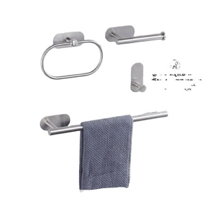 Ensemble de barres porte-serviettes murales en acier inoxydable avec anneau et crochet, finition brossée, accessoire de salle de bain au design minimaliste - Product Image 1