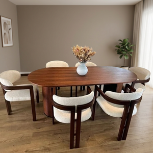 Luxury Modern Oval Solid Teak Wood <b>Dining</b> Table <b>Set</b> Fluted Pedestal Base Upholstered Curved Back Chairs Home Furniture - Product Image 3