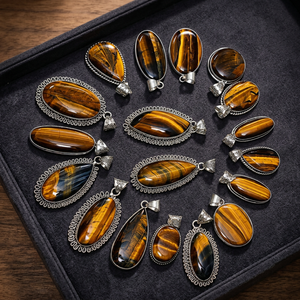 Juego de Colgantes Artesanales Bohemios con Piedra Ojo de Tigre, Marcos Ornamentados de Aleación Plateada Piedra Natural con Forma de Gota de Agua Vintage - Product Image 3