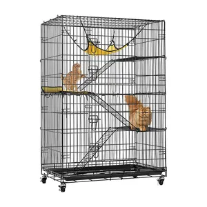 Cage pliable en métal pour chat, pour chaton, furet, roulettes rotatives toutes sens, clôture pour animaux, avec échelle de rampe, hamac et lit, 9 pièces
