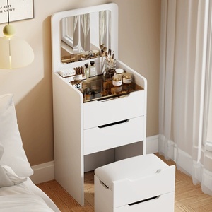 New Modern Foldable Flip-Top Dressing Table with Drawers Compact Solid Wood Bedroom <b>Vanity</b> Set Chair and <b>Lighted</b> <b>Mirror</b> - Product Image 3