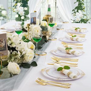 <span class=keywords><strong>Vajilla</strong></span> Desechable Personalizada de 7 Piezas, Irrompible, Libre de BPA, con Relieve Dorado, Decorativa para Bodas y Fiestas - Product Image 6