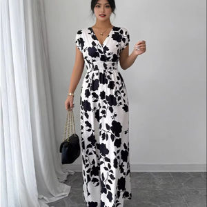 <b>Short</b> Sleeved Lace Up New Printed V-neck Long Skirt Elegant Style Plant Flower Summer Waist Cinching Women's <b>Dress</b> - Product Image 1