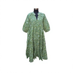 Robe midi florale vintage Himanshi faite à la main, à manches longues, color block, en coton respirant, coupe ample, décontractée, pour le quotidien, col en V, séchage naturel - Product Image 1