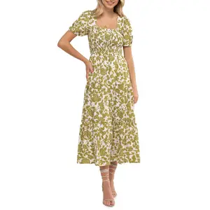 USA Hawaii Hot Selling Lady Dress Support Custom Soft Viscose Smocking Floral Print Women Dress