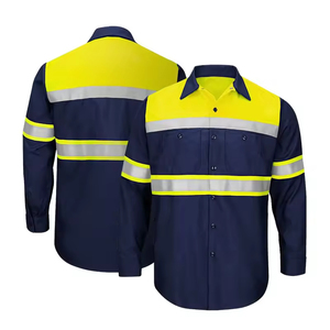Hai Tone Công Nghiệp Khai Thác Mỏ Xây Dựng Làm Việc Áo Sơ Mi Phản Quang Workwear 100% Cotton Màu Vàng Hải Quân An Toàn Áo Sơ Mi Với Hi Vis Băng - Product Image 4