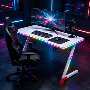 Scrivania da Gaming RGB a Forma di Z, Tavolo per Computer con Illuminazione LED, Scrivania in Fibra di Carbonio con Gancio per Cuffie e Portabicchieri - Product Image 3