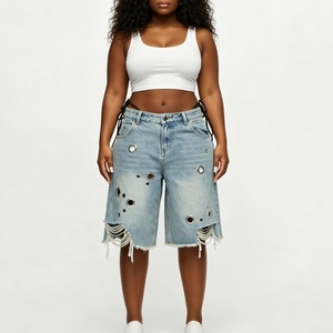 Shorts en jean camouflage taille <span class=keywords><strong>mi</strong></span>-haute pour <span class=keywords><strong>femme</strong></span>, longueur genou, effet vieilli, avec œillets et franges, <span class=keywords><strong>coupe</strong></span> large, style streetwear, marque privée Sehe Fashion - Product Image 1