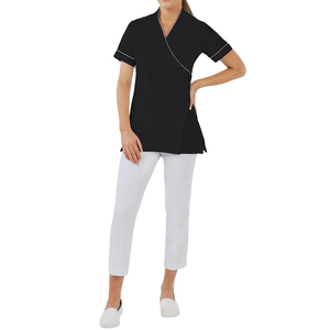 เสื้อทูนิคสไตล์ปุ่มเดียว ซิปด้านหน้า แบบ OEM สำหรับร้านสปาและร้านเสริมสวย สีดำ พร้อมตัวเลือกสกรีนโลโก้ - Product Image 1