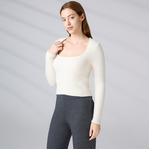 Suéter de punto afelpado con cuello cuadrado para mujer, mezcla de lana, manga larga acanalada, ajuste ceñido, top de punto para otoño/invierno al por mayor - Product Image 4