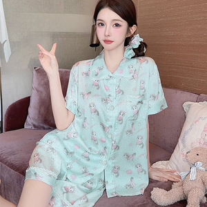 Ensemble pyjama <span class=keywords><strong>femme</strong></span> grande taille à manches courtes pour étudiant Homewear deux pièces Cardigan revers Senior sens du court rayé - Product Image 5