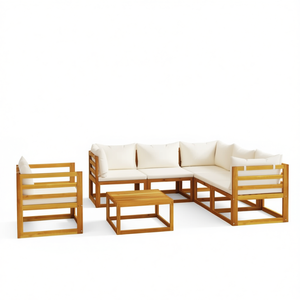 Ensemble de salon de jardin en bois d'acacia crème, 6 places, mobilier d'extérieur au design contemporain, résistant aux intempéries - Product Image 1