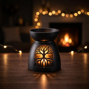 <b>Ceramic</b> Essential Oil <b>Diffuser</b> Round Tree Design Engraved Long Lasting Aroma Black - Product Image 3