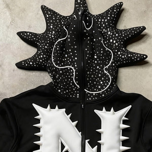 Sweat à capuche personnalisé de haute qualité 100% coton pur avec strass Y2k à fermeture éclair et cornes de <span class=keywords><strong>diable</strong></span> Style streetwear pour homme - Product Image 2