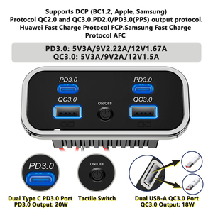 Caricatore USB Personalizzato Reversibile con 4 Porte USB Quick Charger 3.0 USB-A 18W e PD20W, Presa USB Integrata 12V 24V per Auto con Interruttore TACT - Product Image 3