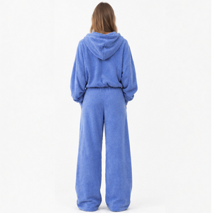 Ensemble de jogging en coton pour femme avec logo personnalisé, comprenant un sweat à capuche court zippé et un pantalon large taille haute en tissu éponge - Product Image 3
