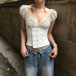 Haut d'été élégant pour le bureau, style décontracté, avec patchwork de dentelle, contraste de couleurs, boutons grenouille, col en V et taille cintrée - Product Image 3
