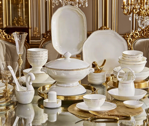 Elegant Gold Trim Bone China <b>Dinnerware</b> Set Ceramic Luxury Tableware for 8 People Microwave Dishwasher Safe Sustainable Utensils - Product Image 3