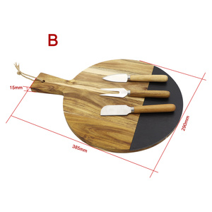 Planche à fromage en bois d'acacia et <span class=keywords><strong>ardoise</strong></span> noire naturelle pour charcuterie et pizza avec ensemble de 3 couteaux à fromage en acier inoxydable et fourchettes - Product Image 5