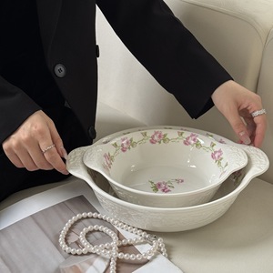 Nouvelle grande plaque de service de Nouvel An, style manoir français, à motifs floraux en relief, compatible micro-ondes, avec double poignée - Product Image 3
