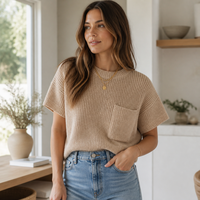 Haut pull côtelé à manches courtes pour femme, col rond, avec poche poitrine, en mélange de coton, personnalisable, vente en gros OEM, commande en gros, directement de l'usine