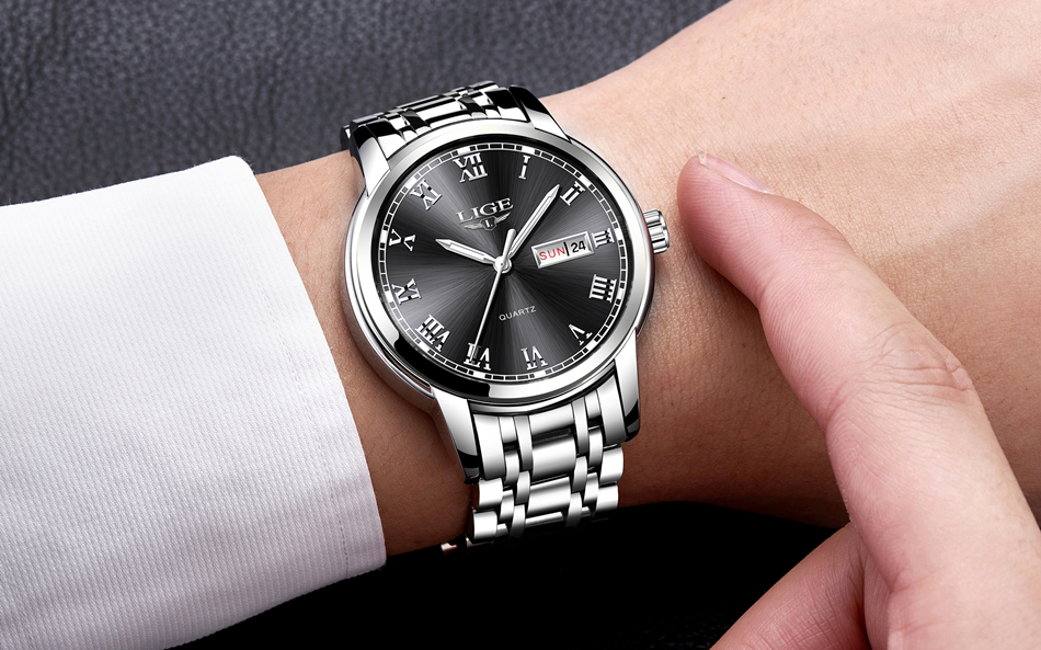LIGE — montre-bracelet de luxe en acier inoxydable pour homme, étanche, en acier inoxydable, à Quartz, avec Date et heure, horloge