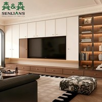 Mueble de TV Moderno Integrado con Textura de Madera de Nogal de Lujo, Mueble Multimedia con Vitrina de Vidrio LED para Sala de Estar