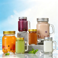 Botol Kaca Mason Mulut Lebar 8oz Grosir dengan Tutup dan Pegangan untuk Minuman Susu, Teh Dingin, Lemonade