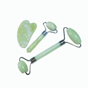 Wholesale 3-Piece Green Jiacui Jade <b>Massage</b> Kit, Heart Gua Sha Board, Double Head Roller & Portable Mini Roller with Silver - Product Image 3
