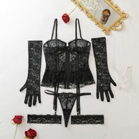Nouvel ensemble de lingerie sexy de style français, en dentelle pure et transparente, avec patchwork, soutien-gorge sculptant et mini-string à ceinture, accompagné de bas cuissardes